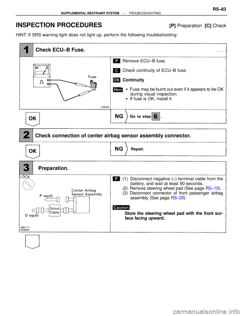 TOYOTA SUPRA 1995  Service Repair Manual (See page RS±20).
(See page RS±10).
Check ECU±B Fuse.
Remove ECU±B fuse.
Check continuity of ECU±B fuse.
Continuity
Check connection of center airbag sensor assembly connector.
(1) Disconnect  ne