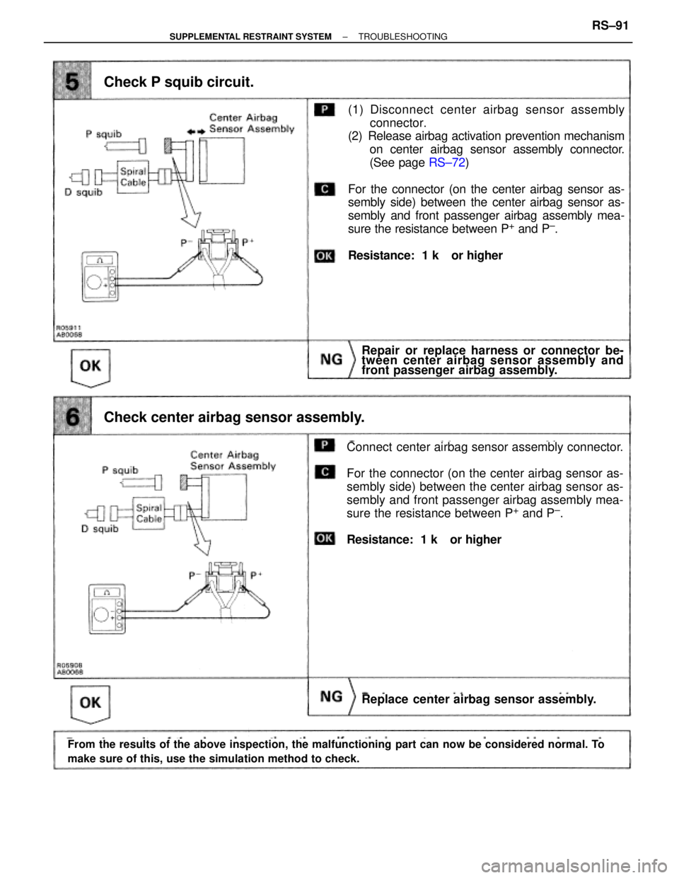 TOYOTA SUPRA 1995 Service Repair Manual Replace center airbag sensor assembly.
From the results of the above inspection, the malfunctioning part can now be considered normal. To
make sure of this, use the simulation method to check.
Check P TOYOTA SUPRA 1995 Service Repair Manual Replace center airbag sensor assembly.
From the results of the above inspection, the malfunctioning part can now be considered normal. To
make sure of this, use the simulation method to check.
Check P