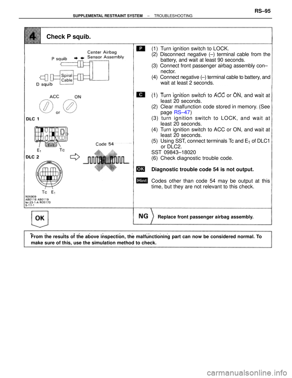 TOYOTA SUPRA 1995  Service Repair Manual Check P squib.
(1) Turn ignition switch to ACC or ON, and wait at
least 20 seconds.
(2) Clear malfunction code stored in memory. (See
page RS±47)
(3) turn ignition switch to LOCK, and wait at
least 2