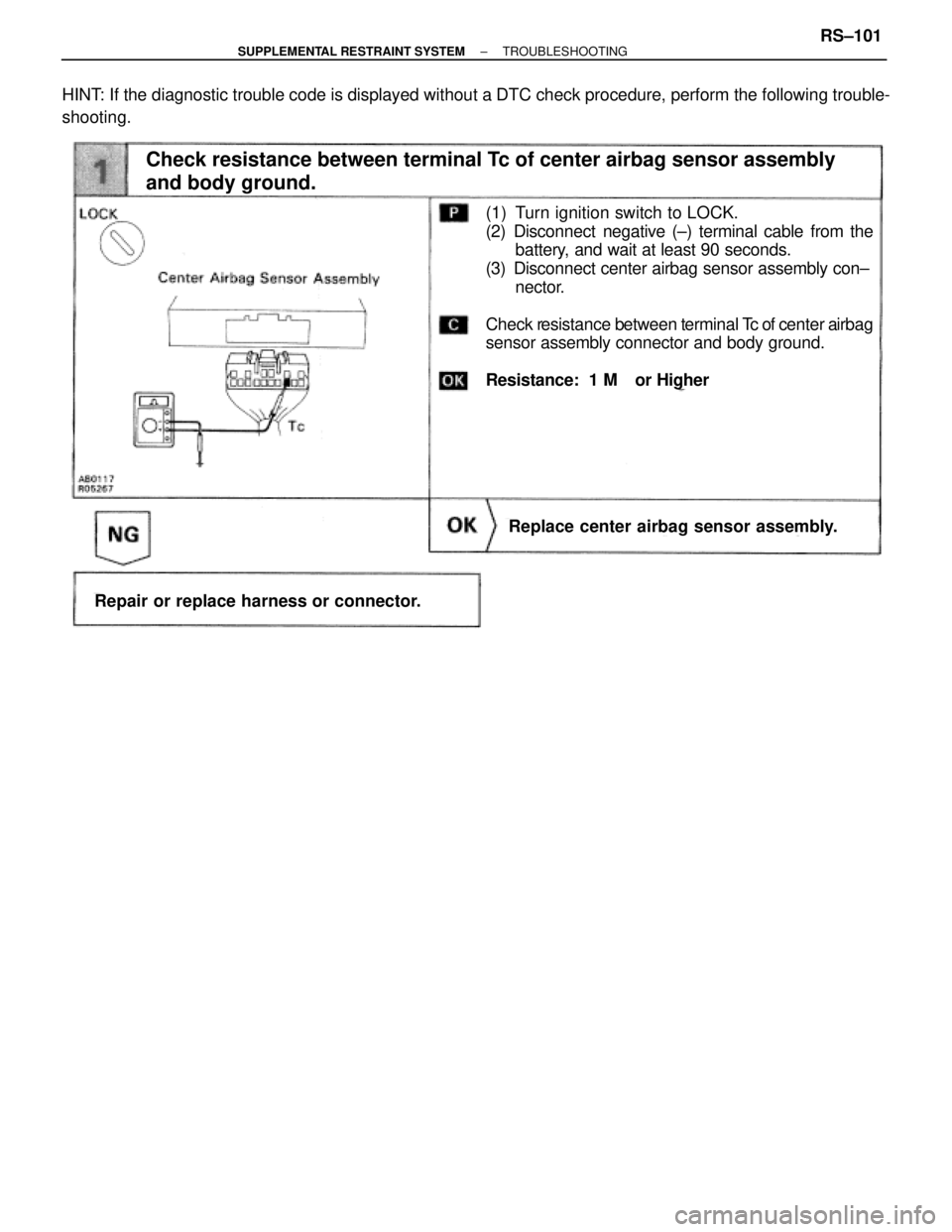 TOYOTA SUPRA 1995  Service Repair Manual HINT: If the diagnostic trouble code is displayed without a DTC check procedure, perform the following trouble-
shooting.
Repair or replace harness or connector.
Check resistance between terminal Tc o