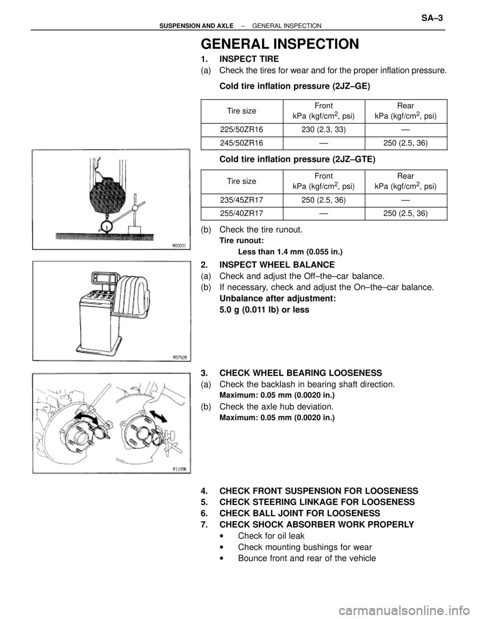 TOYOTA SUPRA 1995  Service Repair Manual GENERAL INSPECTION
1. INSPECT TIRE
(a)  Check the tires for wear and for the proper inflation pressure.
Cold tire inflation pressure (2JZ±GE)
 
 Tire size 
 