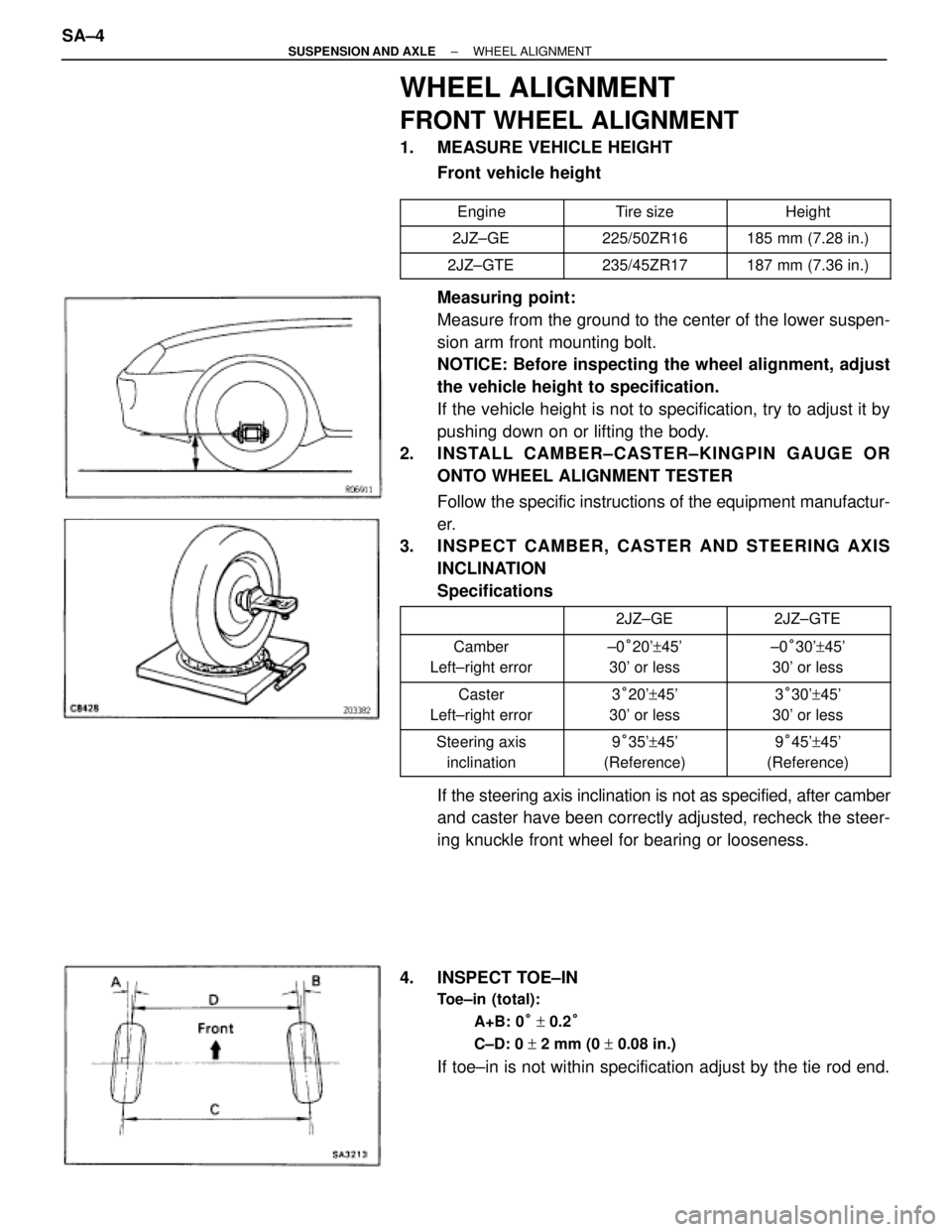 TOYOTA SUPRA 1995  Service Repair Manual WHEEL ALIGNMENT
FRONT WHEEL ALIGNMENT
1.  MEASURE VEHICLE HEIGHT
Front vehicle height
 Engine Tire size Height
 2JZ±GE 