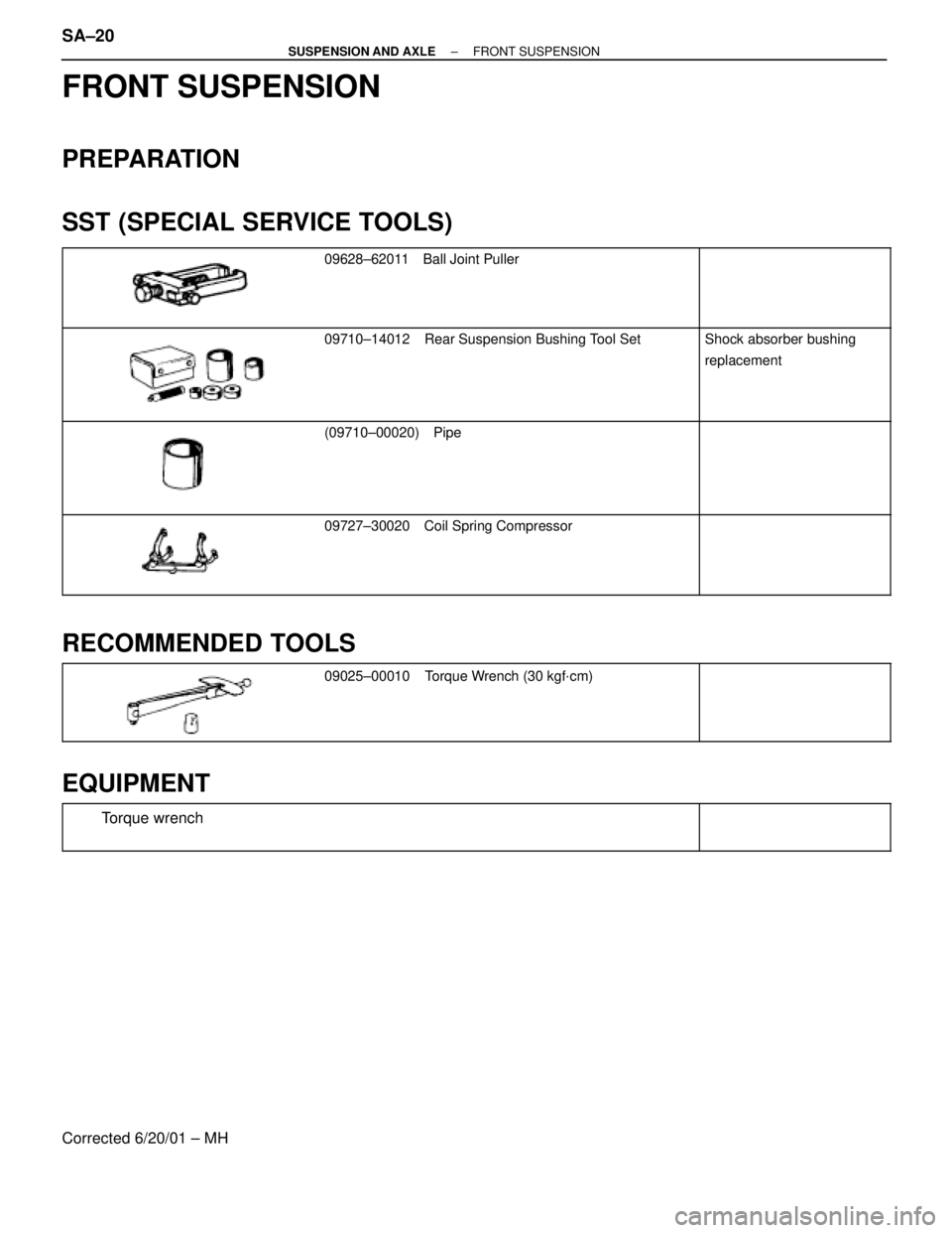 TOYOTA SUPRA 1995  Service Repair Manual FRONT SUSPENSION
PREPARATION
SST (SPECIAL SERVICE TOOLS)
 
 
 
 
 
 
09628±62011 Ba
