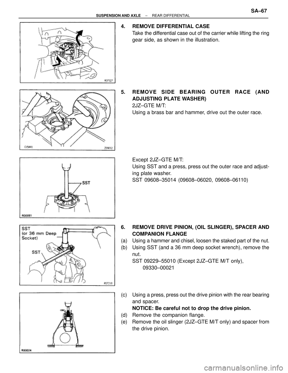 TOYOTA SUPRA 1995  Service Repair Manual 4.  REMOVE DIFFERENTIAL CASE
Take the differential case out of the carrier while lifting the ring
gear side, as shown in the illustration.
5.  REMOVE SIDE BEARING OUTER RACE (AND
ADJUSTING PLATE WASHE