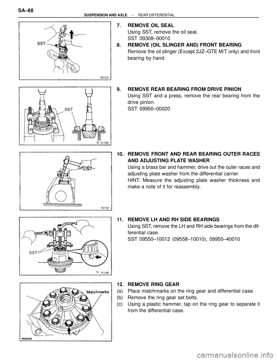 TOYOTA SUPRA 1995  Service Repair Manual 7.  REMOVE OIL SEAL
Using SST, remove the oil seal.
SST 09308±00010
8.  REMOVE (OIL SLINGER AND) FRONT BEARING
Remove the oil slinger (Except 2JZ±GTE M/T only) and front
bearing by hand.
9.  REMOVE 