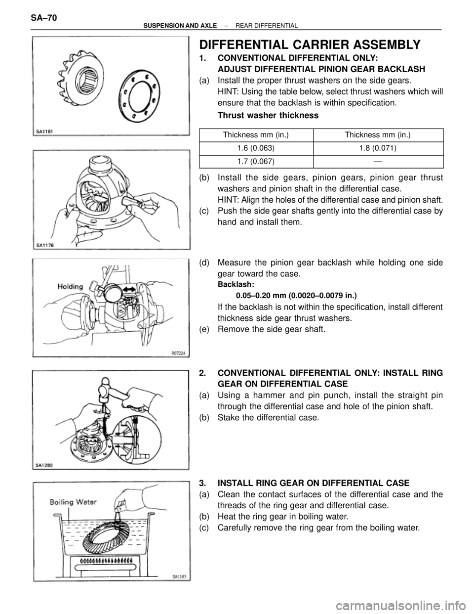 TOYOTA SUPRA 1995  Service Repair Manual DIFFERENTIAL CARRIER ASSEMBLY
1.  CONVENTIONAL DIFFERENTIAL ONLY:
ADJUST DIFFERENTIAL PINION GEAR BACKLASH
(a)  Install the proper thrust washers on the side gears.
HINT: Using the table below, select