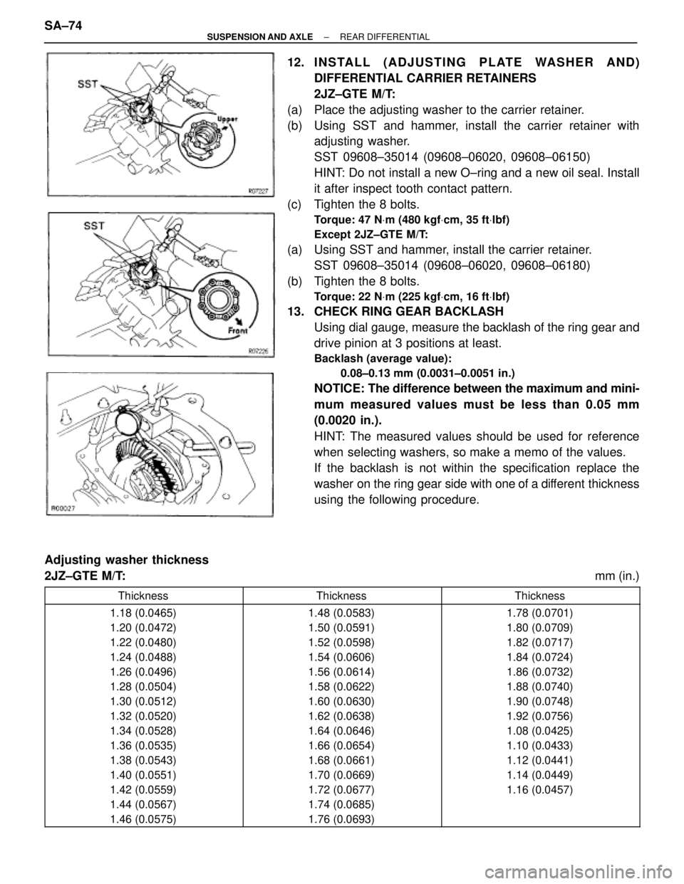 TOYOTA SUPRA 1995 Service Repair Manual 12. INSTALL (ADJUSTING PLATE WASHER AND)
DIFFERENTIAL CARRIER RETAINERS
2JZ±GTE M/T:
(a) Place the adjusting washer to the carrier retainer.
(b) Using SST and hammer, install the carrier retain TOYOTA SUPRA 1995 Service Repair Manual 12. INSTALL (ADJUSTING PLATE WASHER AND)
DIFFERENTIAL CARRIER RETAINERS
2JZ±GTE M/T:
(a) Place the adjusting washer to the carrier retainer.
(b) Using SST and hammer, install the carrier retain