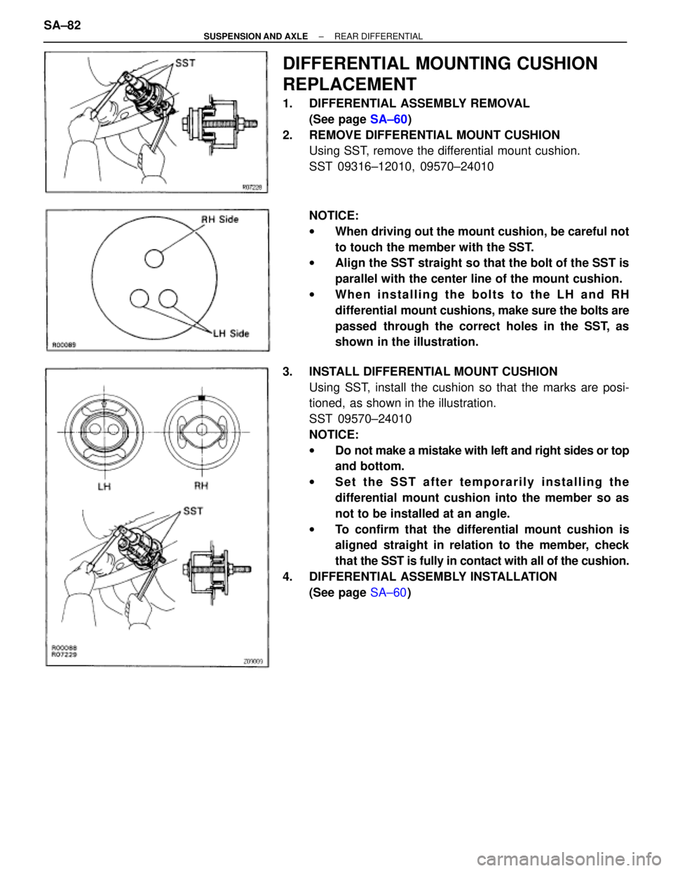 TOYOTA SUPRA 1995  Service Repair Manual DIFFERENTIAL MOUNTING CUSHION
REPLACEMENT
1. DIFFERENTIAL ASSEMBLY REMOVAL
(See page SA±60)
2.  REMOVE DIFFERENTIAL MOUNT CUSHION
Using SST, remove the differential mount cushion.
SST 09316±12010, 0