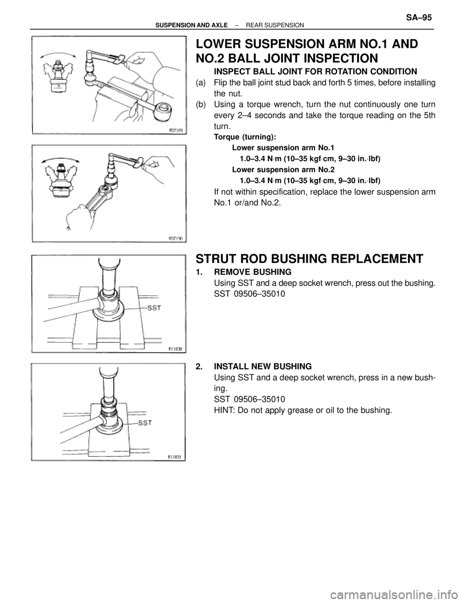 TOYOTA SUPRA 1995  Service Repair Manual LOWER SUSPENSION ARM NO.1 AND
NO.2 BALL JOINT INSPECTION
INSPECT BALL JOINT FOR ROTATION CONDITION
(a)  Flip the ball joint stud back and forth 5 times, before installing
the nut.
(b)  Using a torque 