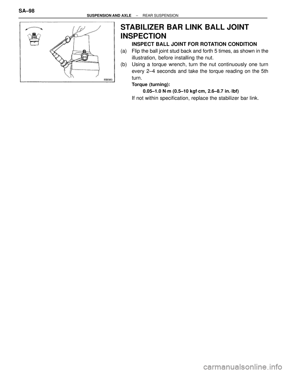 TOYOTA SUPRA 1995  Service Repair Manual STABILIZER BAR LINK BALL JOINT
INSPECTION
INSPECT BALL JOINT FOR ROTATION CONDITION
(a)  Flip the ball joint stud back and forth 5 times, as shown in the
illustration, before installing the nut.
(b)  