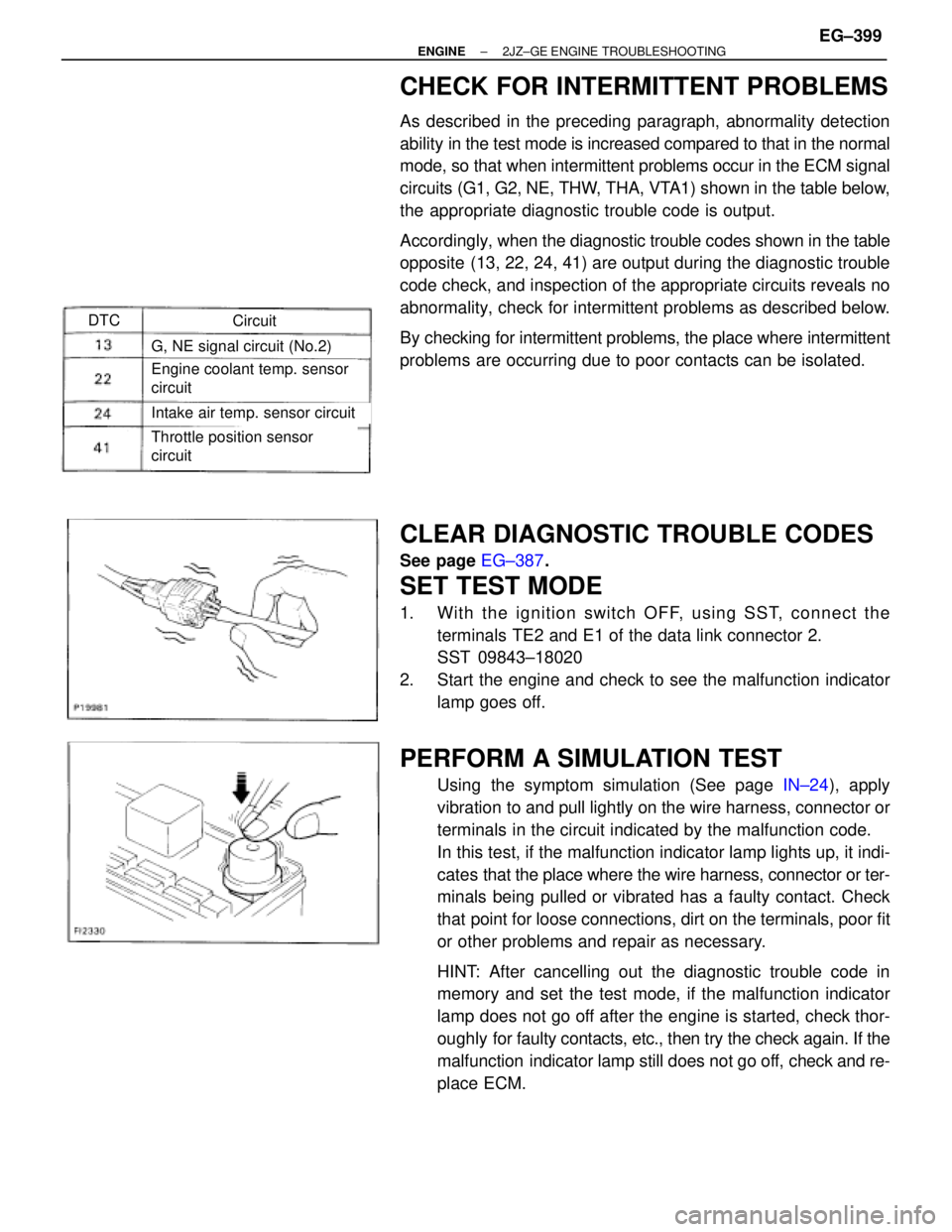 TOYOTA SUPRA 1995 Service Repair Manual DTCCircuit
G, NE signal circuit (No.2)
Engine coolant temp. sensor
circuit
Intake air temp. sensor circuit
Throttle position sensor
circuit
CHECK FOR INTERMITTENT PROBLEMS
As described in the precedin TOYOTA SUPRA 1995 Service Repair Manual DTCCircuit
G, NE signal circuit (No.2)
Engine coolant temp. sensor
circuit
Intake air temp. sensor circuit
Throttle position sensor
circuit
CHECK FOR INTERMITTENT PROBLEMS
As described in the precedin