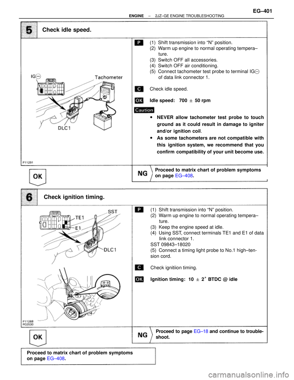 TOYOTA SUPRA 1995 Service Repair Manual Check idle speed.
Check ignition timing.
Check idle speed.
(1) Shift transmission into ªNº position.
(2) Warm up engine to normal operating tempera±
ture.
(3) Switch OFF all accessories.
(4) Switch TOYOTA SUPRA 1995 Service Repair Manual Check idle speed.
Check ignition timing.
Check idle speed.
(1) Shift transmission into ªNº position.
(2) Warm up engine to normal operating tempera±
ture.
(3) Switch OFF all accessories.
(4) Switch