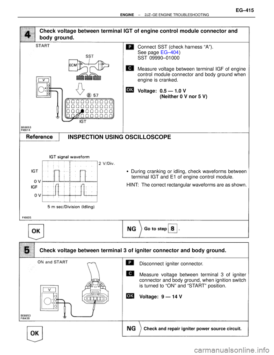 TOYOTA SUPRA 1995  Service Repair Manual Connect  SST (check harness ªAº).
See page EG±404)
SST 09990±01000
Measure voltage between terminal IGF of engine
control module connector and body ground when
engine is cranked.
Voltage:  0.5 Ð 