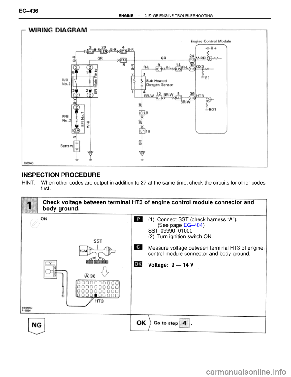 TOYOTA SUPRA 1995  Service Repair Manual (See page EG±404)
INSPECTION PROCEDURE
HINT: When other codes are output in addition to 27 at the same time, check the circuits for other codes
first.
Check voltage between terminal HT3 of engine con