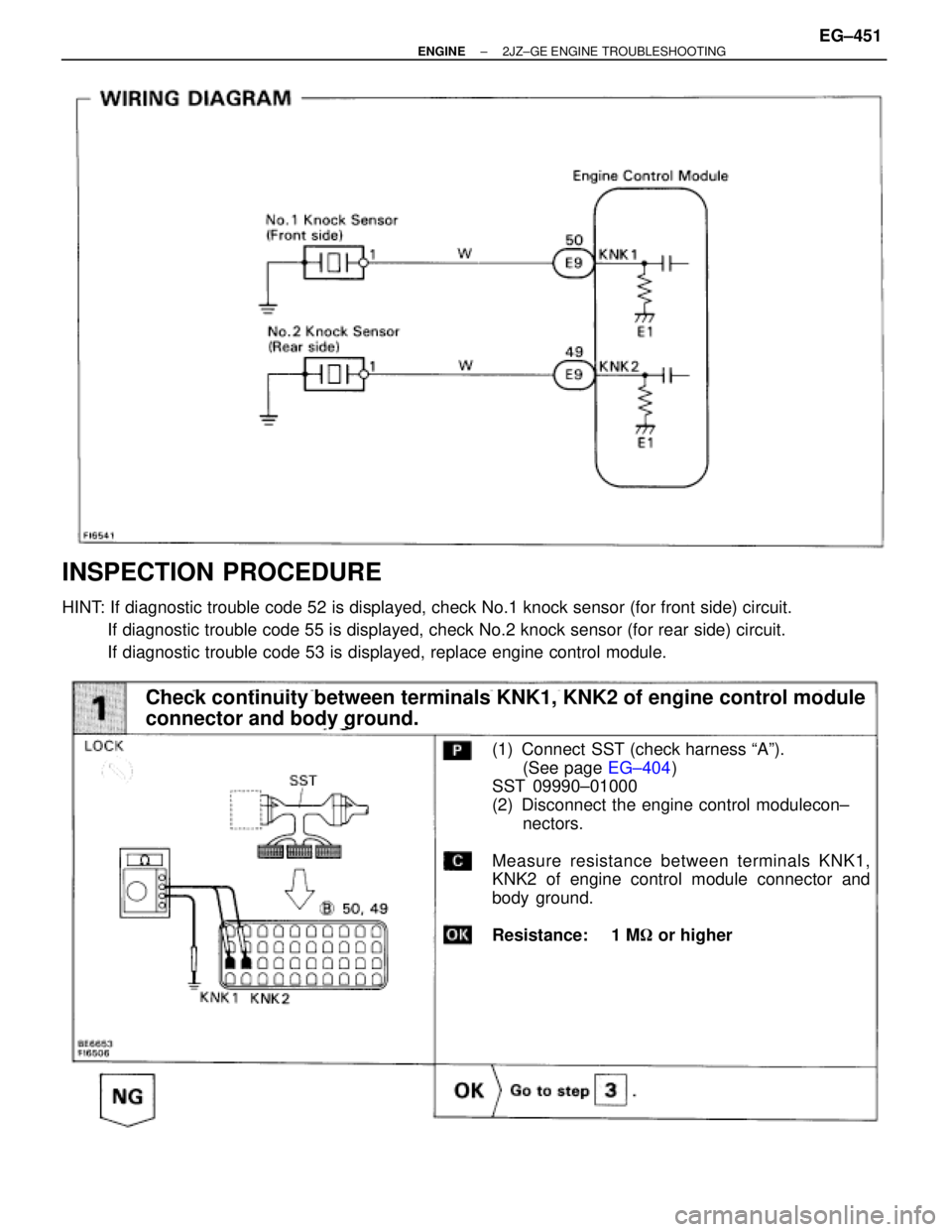 TOYOTA SUPRA 1995  Service Repair Manual INSPECTION PROCEDURE
HINT: If diagnostic trouble code 52 is displayed, check No.1 knock sensor (for front side) circuit.
If diagnostic trouble code 55 is displayed, check No.2 knock sensor (for rear s