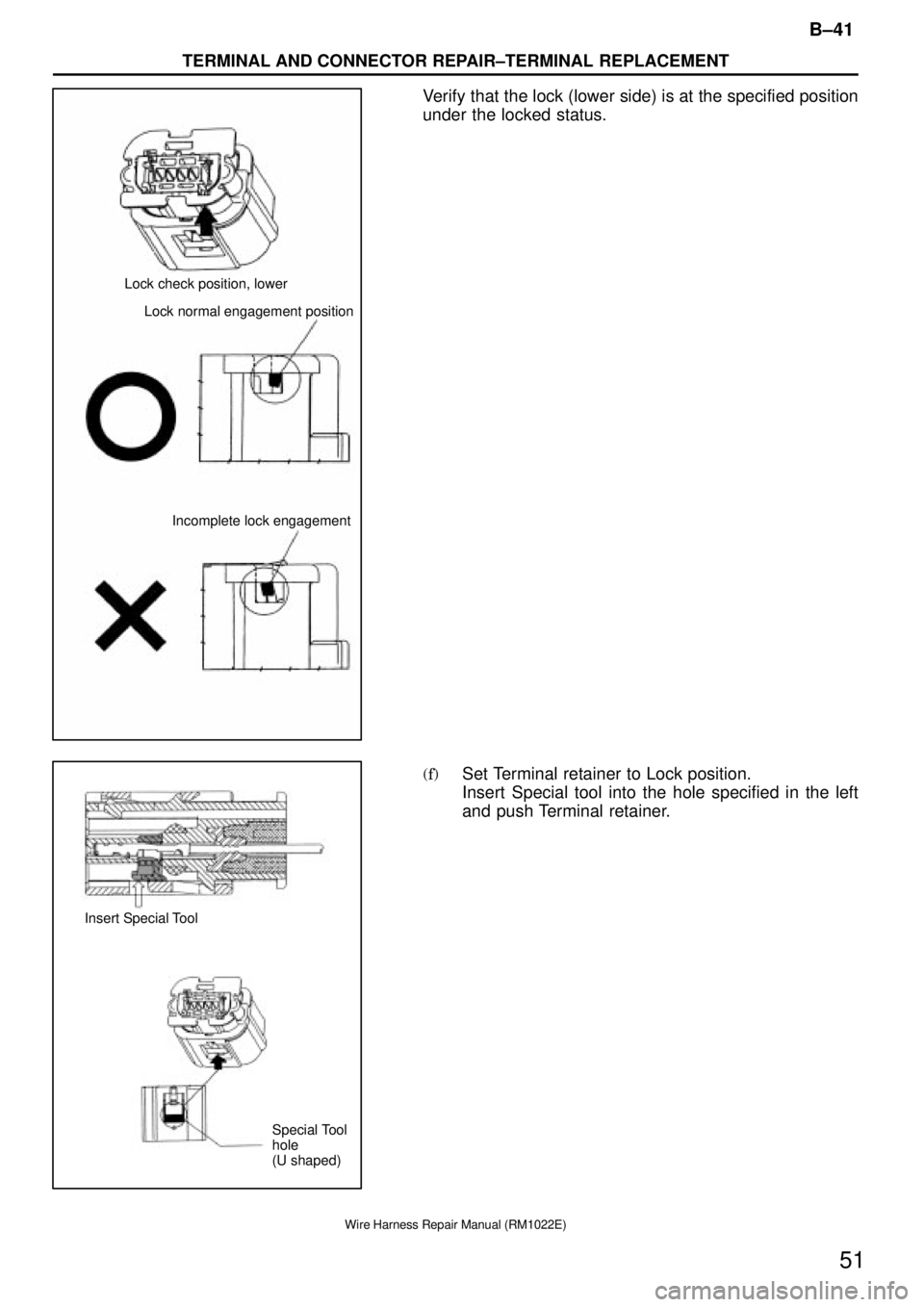 TOYOTA SUPRA 1995  Service Repair Manual Lock normal engagement position
Incomplete lock engagement Lock check position, lower
Insert Special Tool
Special Tool 
hole
(U shaped)
B±41
TERMINAL AND CONNECTOR REPAIR±TERMINAL REPLACEMENT
51
Wir