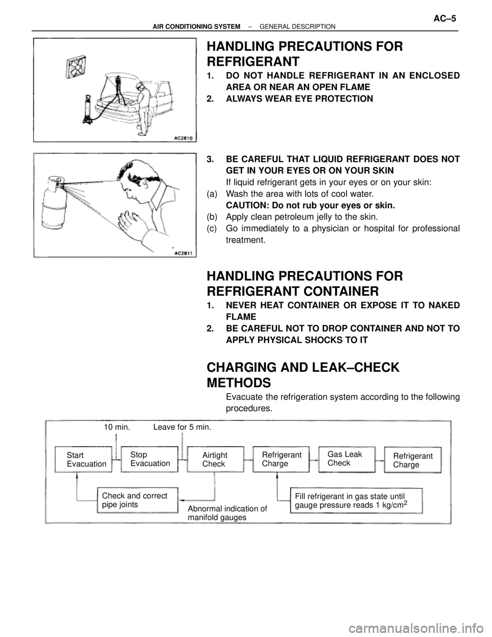 TOYOTA SUPRA 1995 Service Repair Manual HANDLING PRECAUTIONS FOR
REFRIGERANT
1. DO NOT HANDLE REFRIGERANT IN AN ENCLOSED
AREA OR NEAR AN OPEN FLAME
2. ALWAYS WEAR EYE PROTECTION
3. BE CAREFUL THAT LIQUID REFRIGERANT DOES NOT
GET IN YOUR E TOYOTA SUPRA 1995 Service Repair Manual HANDLING PRECAUTIONS FOR
REFRIGERANT
1. DO NOT HANDLE REFRIGERANT IN AN ENCLOSED
AREA OR NEAR AN OPEN FLAME
2. ALWAYS WEAR EYE PROTECTION
3. BE CAREFUL THAT LIQUID REFRIGERANT DOES NOT
GET IN YOUR E