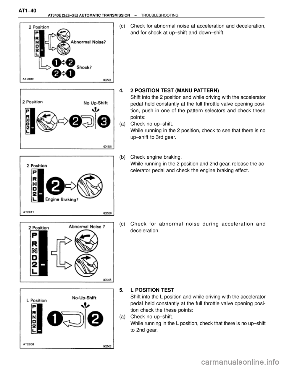 TOYOTA SUPRA 1995  Service Repair Manual (c)  Check for abnormal noise at acceleration and deceleration,
and for shock at up±shift and down±shift.
4.  2 POSITION TEST (MANU PATTERN)
Shift into the 2 position and while driving with the acce