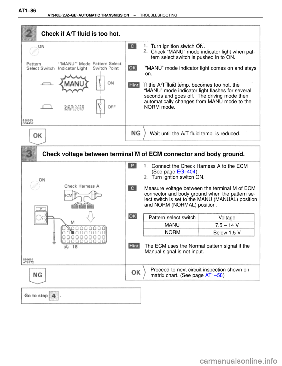 TOYOTA SUPRA 1995 Service Repair Manual Turn ignition siwtch ON.
Check ªMANUº mode indicator light when pat-
tern select switch is pushed in to ON.
Check if A/T fluid is too hot.
Pattern select switch
Connect the Check Harness A to the EC TOYOTA SUPRA 1995 Service Repair Manual Turn ignition siwtch ON.
Check ªMANUº mode indicator light when pat-
tern select switch is pushed in to ON.
Check if A/T fluid is too hot.
Pattern select switch
Connect the Check Harness A to the EC
