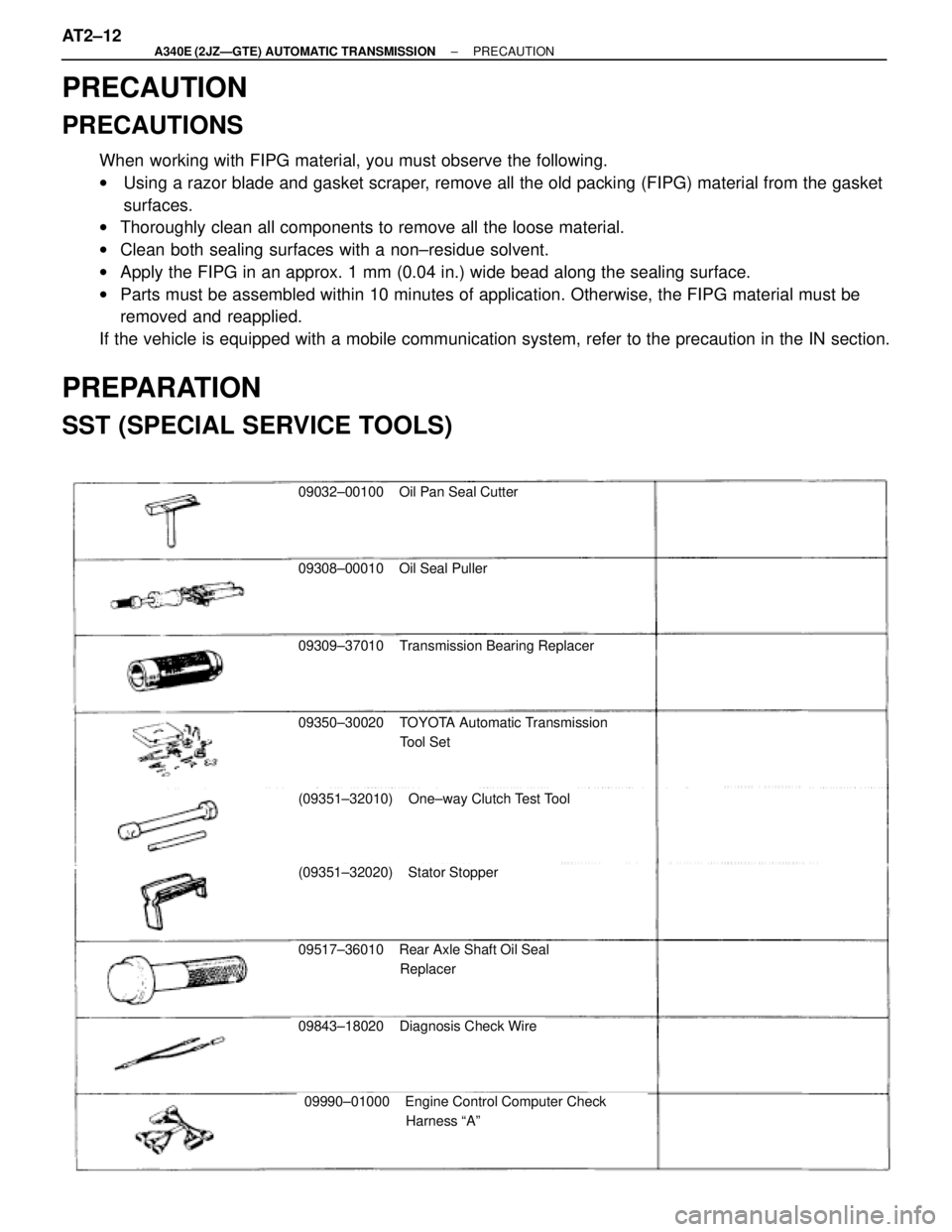 TOYOTA SUPRA 1995 Service Repair Manual 09032±00100 Oil Pan Seal Cutter
09308±00010 Oil Seal Puller
09309±37010 Transmission Bearing Replacer
09350±30020 TOYOTA Automatic Transmission
Tool Set
(09351±32010) One±way Clut TOYOTA SUPRA 1995 Service Repair Manual 09032±00100 Oil Pan Seal Cutter
09308±00010 Oil Seal Puller
09309±37010 Transmission Bearing Replacer
09350±30020 TOYOTA Automatic Transmission
Tool Set
(09351±32010) One±way Clut