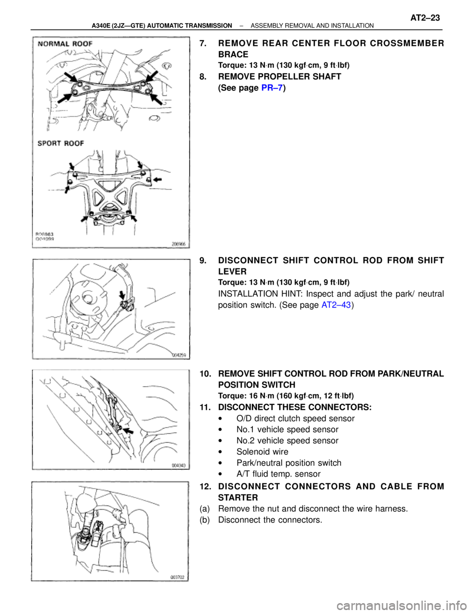 TOYOTA SUPRA 1995  Service Repair Manual 7.  REMOVE REAR CENTER FLOOR CROSSMEMBER
BRACE
Torque: 13 NVm (130 kgfVcm, 9 ftVlbf)
8.  REMOVE PROPELLER SHAFT
(See page PR±7)
9.  DISCONNECT SHIFT CONTROL ROD FROM SHIFT
LEVER
Torque: 13 NVm (130 k