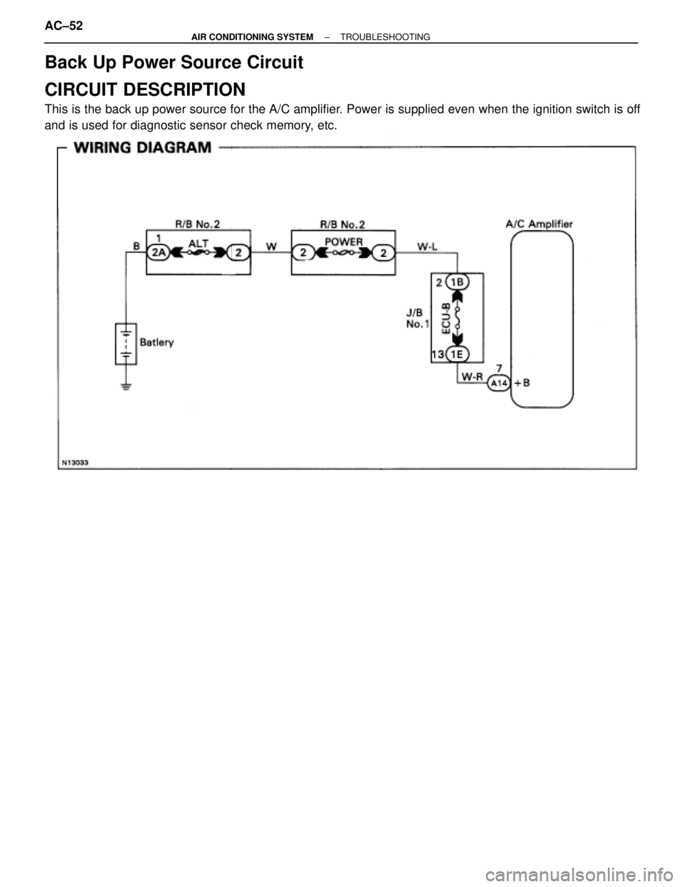 TOYOTA SUPRA 1995  Service Repair Manual Back Up Power Source Circuit
CIRCUIT DESCRIPTION
This is the back up power source for the A/C amplifier. Power is supplied even when the ignition switch is off
and is used for diagnostic sensor check 
