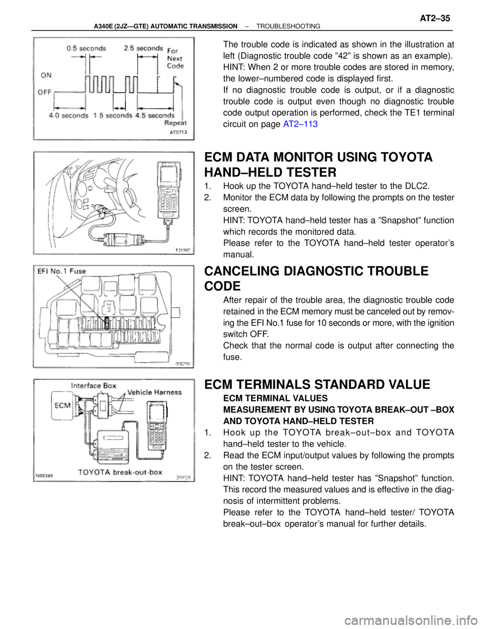 TOYOTA SUPRA 1995 Service Repair Manual The trouble code is indicated as shown in the illustration at
left (Diagnostic trouble code º42º is shown as an example).
HINT: When 2 or more trouble codes are stored in memory,
the lower±numbered TOYOTA SUPRA 1995 Service Repair Manual The trouble code is indicated as shown in the illustration at
left (Diagnostic trouble code º42º is shown as an example).
HINT: When 2 or more trouble codes are stored in memory,
the lower±numbered