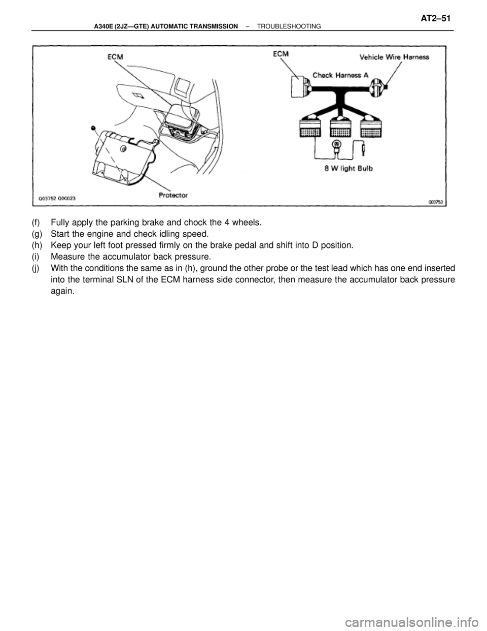 TOYOTA SUPRA 1995  Service Repair Manual (f)  Fully apply the parking brake and chock the 4 wheels.
(g)  Start the engine and check idling speed.
(h)  Keep your left foot pressed firmly on the brake pedal and shift into D position.
(i)  Meas