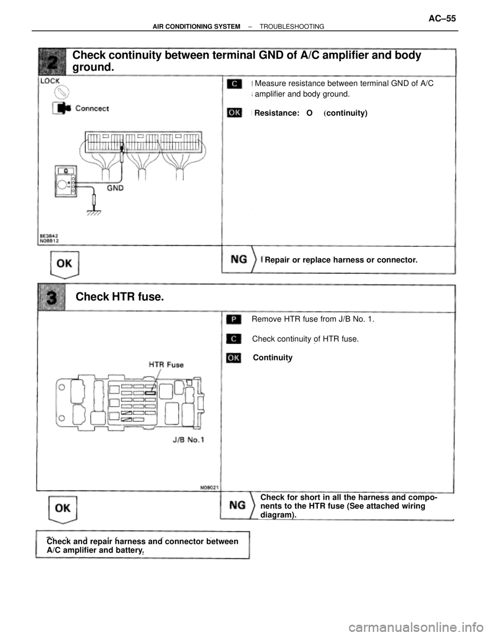 TOYOTA SUPRA 1995  Service Repair Manual Check continuity between terminal GND of A/C amplifier and body 
ground.
Measure resistance between terminal GND of A/C
amplifier and body ground.
Remove HTR fuse from J/B No. 1.
Check continuity of H