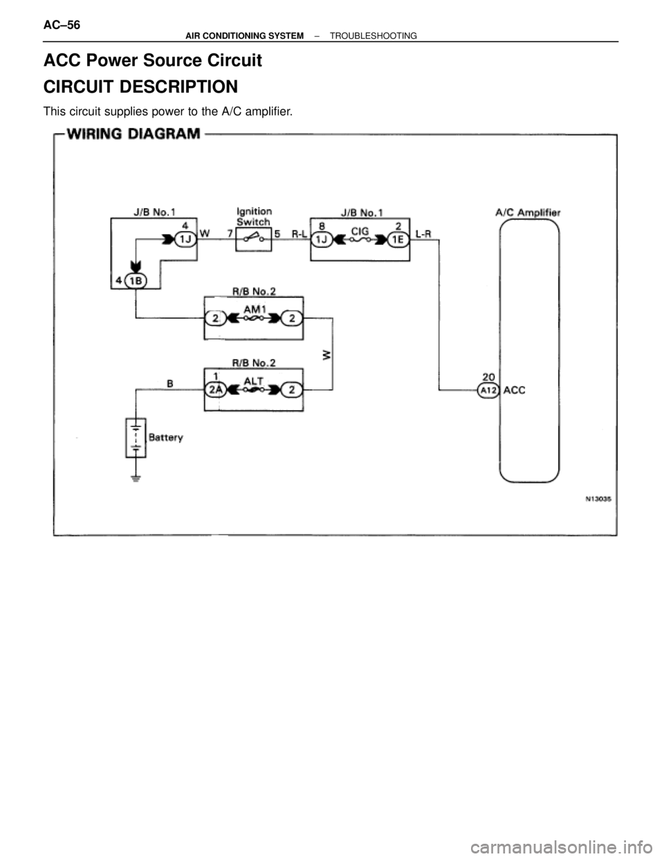 TOYOTA SUPRA 1995  Service Repair Manual ACC Power Source Circuit
CIRCUIT DESCRIPTION
This circuit supplies power to the A/C amplifier.
AC±56± AIR CONDITIONING SYSTEMTROUBLESHOOTING 