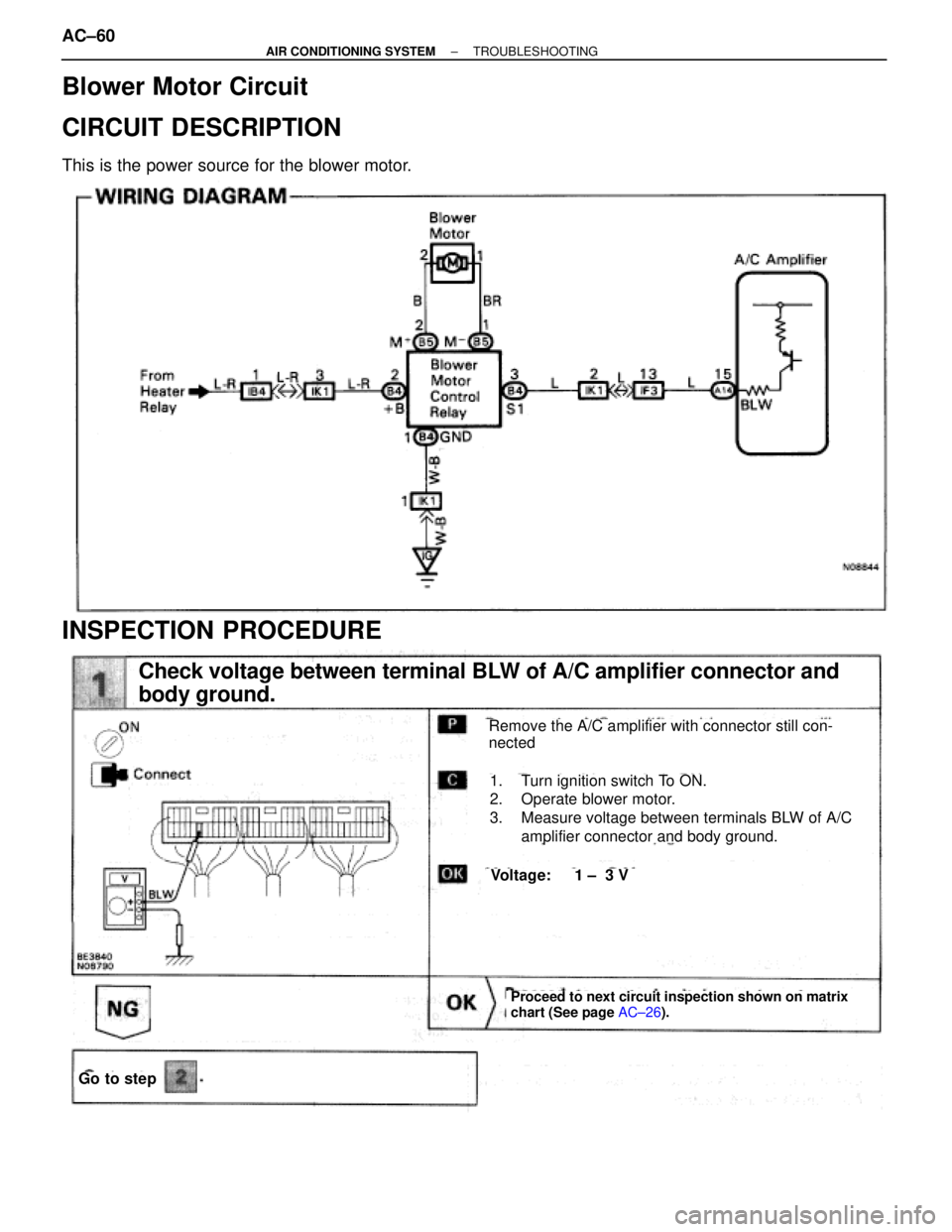 TOYOTA SUPRA 1995  Service Repair Manual Blower Motor Circuit
CIRCUIT DESCRIPTION
This is the power source for the blower motor.
INSPECTION PROCEDURE
Check voltage between terminal BLW of A/C amplifier connector and
body ground.
Proceed to n
