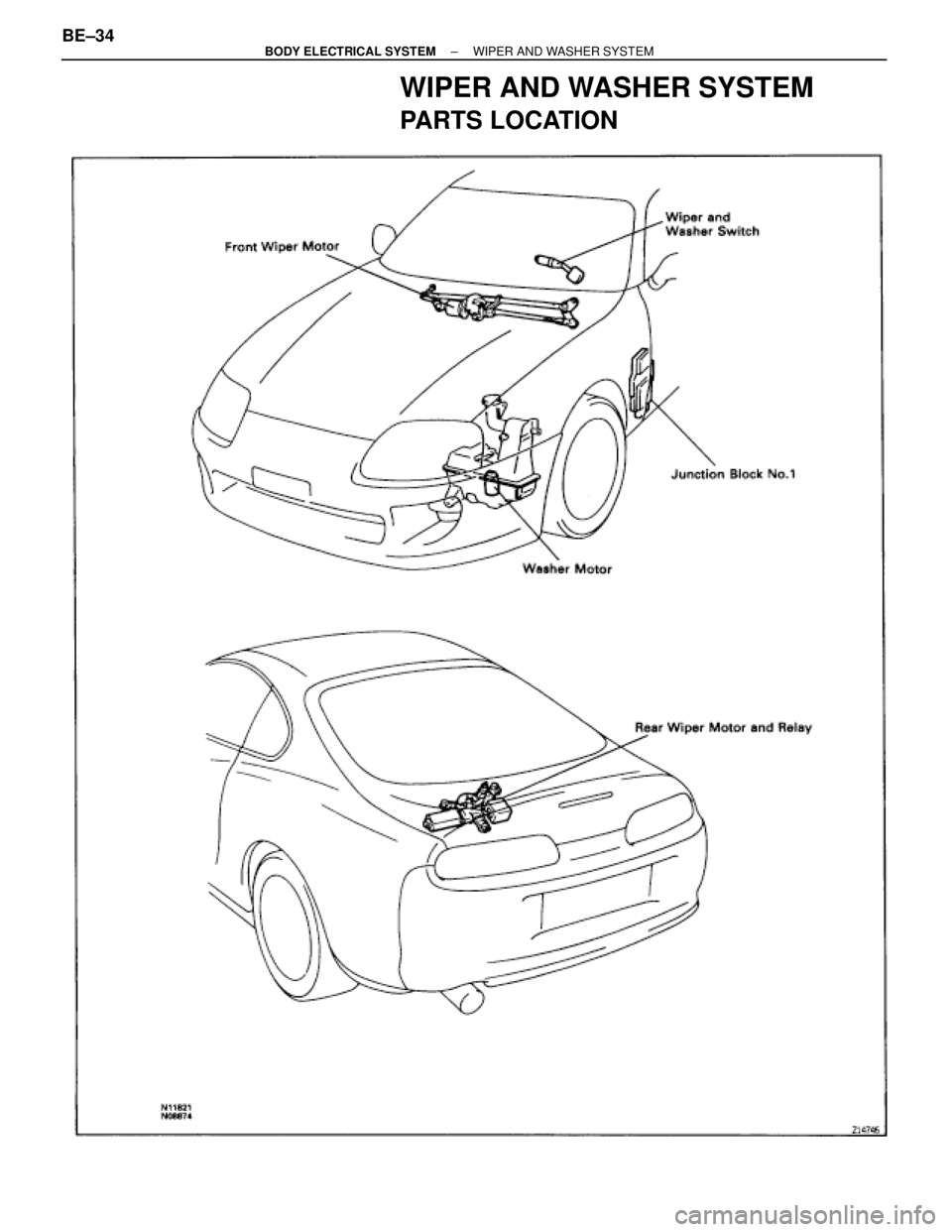 TOYOTA SUPRA 1995  Service Repair Manual WIPER AND WASHER SYSTEM
PARTS LOCATION
BE±34± BODY ELECTRICAL SYSTEMWIPER AND WASHER SYSTEM 