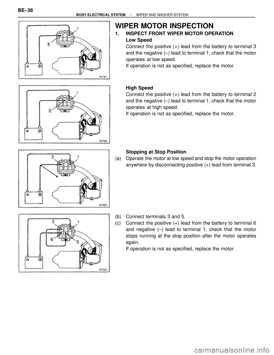 TOYOTA SUPRA 1995  Service Repair Manual WIPER MOTOR INSPECTION
1.  INSPECT FRONT WIPER MOTOR OPERATION
Low Speed
Connect  the positive (+) lead from the battery to terminal 3
and the negative (±) lead to terminal 1, check that the motor
op