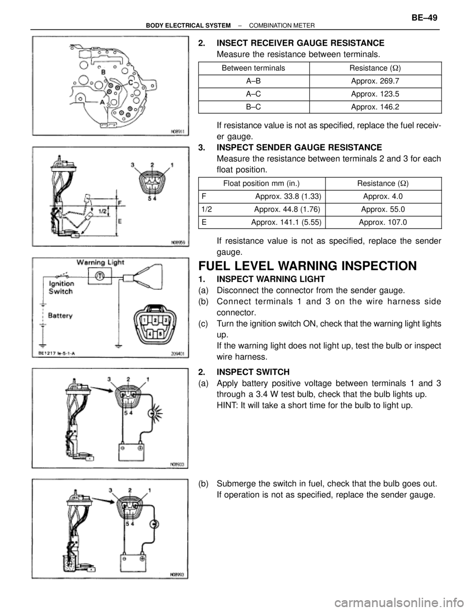 TOYOTA SUPRA 1995 Service Repair Manual 2. INSECT RECEIVER GAUGE RESISTANCE
Measure the resistance between terminals.
Between terminals Resistance ()
A±B TOYOTA SUPRA 1995 Service Repair Manual 2. INSECT RECEIVER GAUGE RESISTANCE
Measure the resistance between terminals.
Between terminals Resistance ()
A±B 