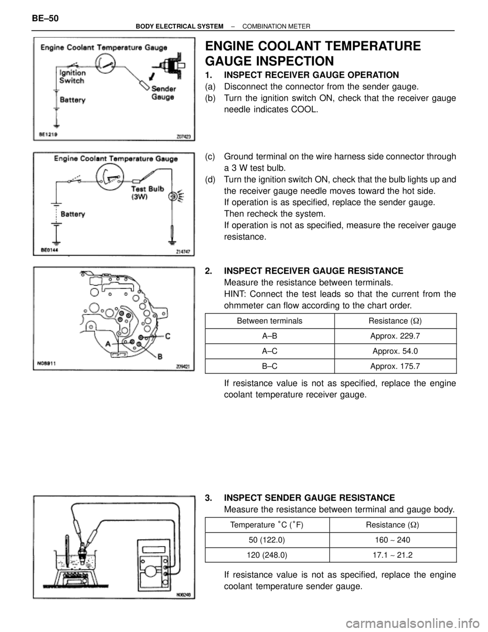 TOYOTA SUPRA 1995 Service Repair Manual ENGINE COOLANT TEMPERATURE
GAUGE INSPECTION
1. INSPECT RECEIVER GAUGE OPERATION
(a) Disconnect the connector from the sender gauge.
(b) Turn the ignition switch ON, check that the receiver gauge
ne TOYOTA SUPRA 1995 Service Repair Manual ENGINE COOLANT TEMPERATURE
GAUGE INSPECTION
1. INSPECT RECEIVER GAUGE OPERATION
(a) Disconnect the connector from the sender gauge.
(b) Turn the ignition switch ON, check that the receiver gauge
ne