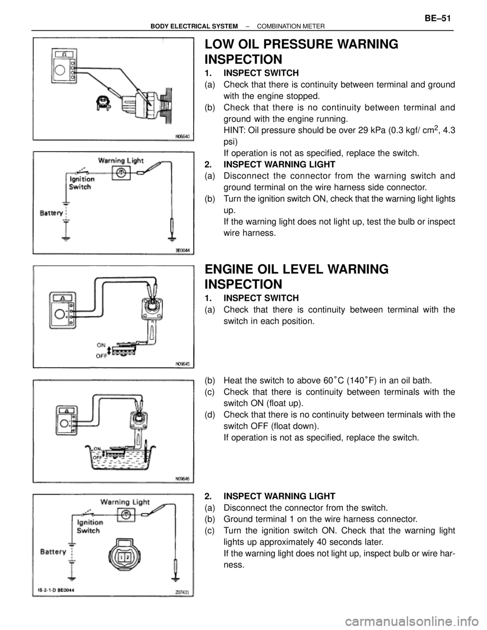 TOYOTA SUPRA 1995 Service Repair Manual LOW OIL PRESSURE WARNING
INSPECTION
1. INSPECT SWITCH
(a) Check that there is continuity between terminal and ground
with the engine stopped.
(b) Check that there is no continuity between terminal a TOYOTA SUPRA 1995 Service Repair Manual LOW OIL PRESSURE WARNING
INSPECTION
1. INSPECT SWITCH
(a) Check that there is continuity between terminal and ground
with the engine stopped.
(b) Check that there is no continuity between terminal a