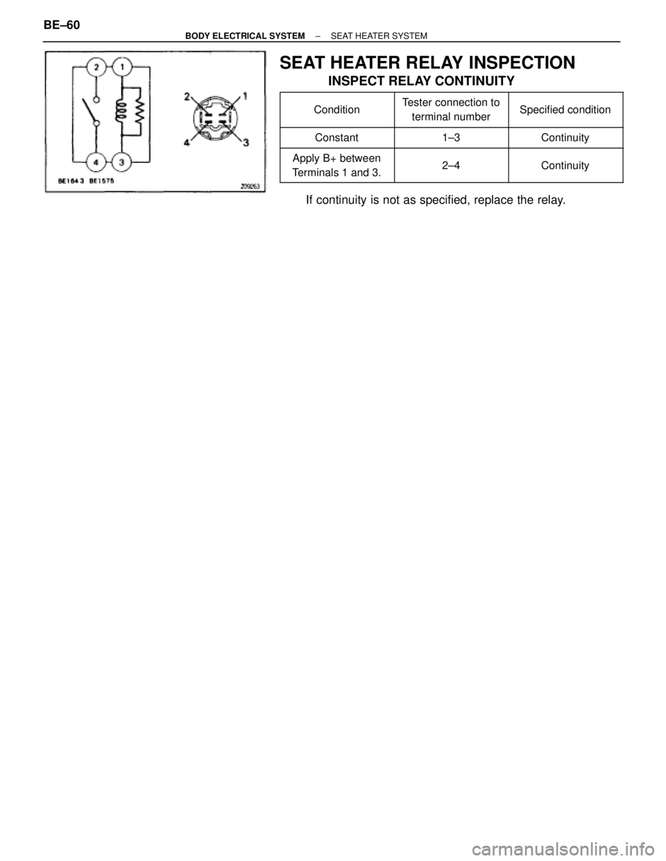 TOYOTA SUPRA 1995  Service Repair Manual SEAT HEATER RELAY INSPECTION
INSPECT RELAY CONTINUITY
 
 Condition
 
 
Tester connection to
terminal number 
 Specified conditio
