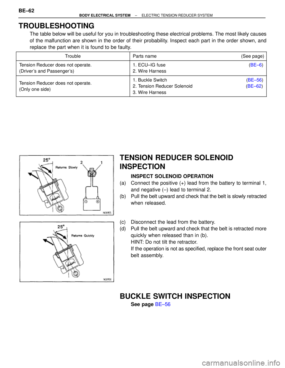 TOYOTA SUPRA 1995 Service Repair Manual TROUBLESHOOTING
The table below will be useful for you in troubleshooting these electrical problems. The most likely causes
of the malfunction are shown in the order of their probability. Inspect each TOYOTA SUPRA 1995 Service Repair Manual TROUBLESHOOTING
The table below will be useful for you in troubleshooting these electrical problems. The most likely causes
of the malfunction are shown in the order of their probability. Inspect each