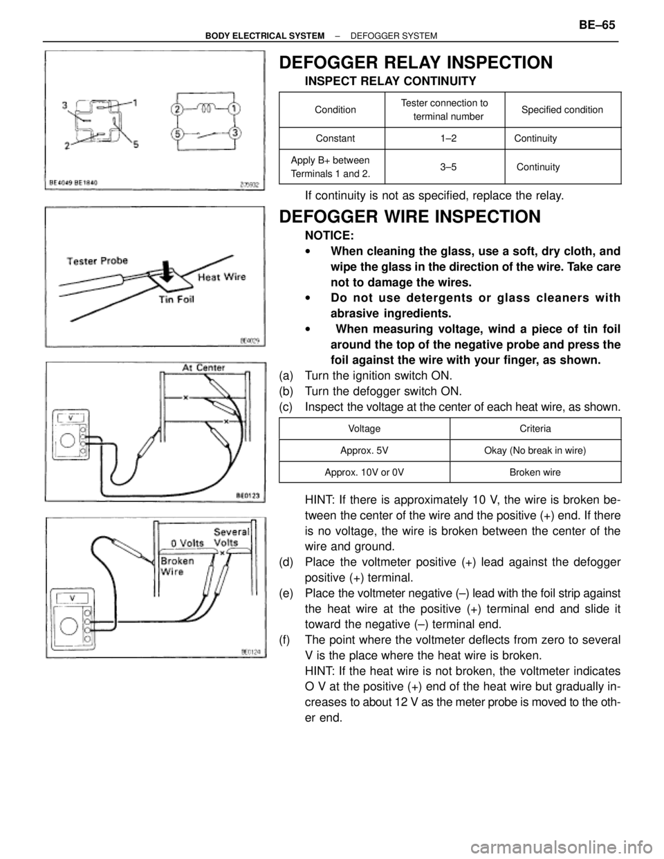TOYOTA SUPRA 1995  Service Repair Manual DEFOGGER RELAY INSPECTION
INSPECT RELAY CONTINUITY
 
 Condition
 
 Tester connection to
terminal number 
 Specified condition
