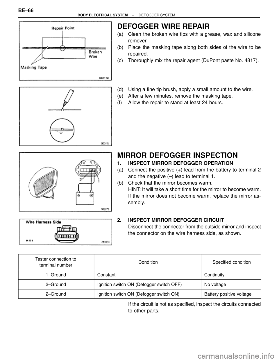TOYOTA SUPRA 1995  Service Repair Manual DEFOGGER WIRE REPAIR
(a)  Clean the broken wire tips with a grease, wax and silicone
remover.
(b)  Place the masking tape along both sides of the wire to be
repaired.
(c)  Thoroughly mix the repair ag