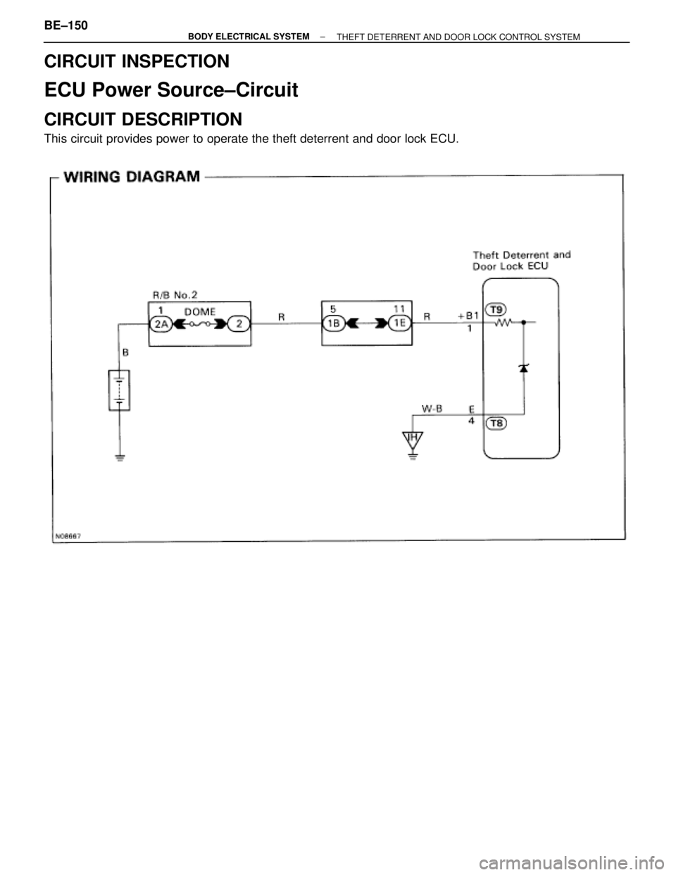 TOYOTA SUPRA 1995  Service Repair Manual CIRCUIT INSPECTION
ECU Power Source±Circuit
CIRCUIT DESCRIPTION
This circuit provides power to operate the theft deterrent and door lock ECU.
BE±150± BODY ELECTRICAL SYSTEM
THEFT DETERRENT AND DOOR