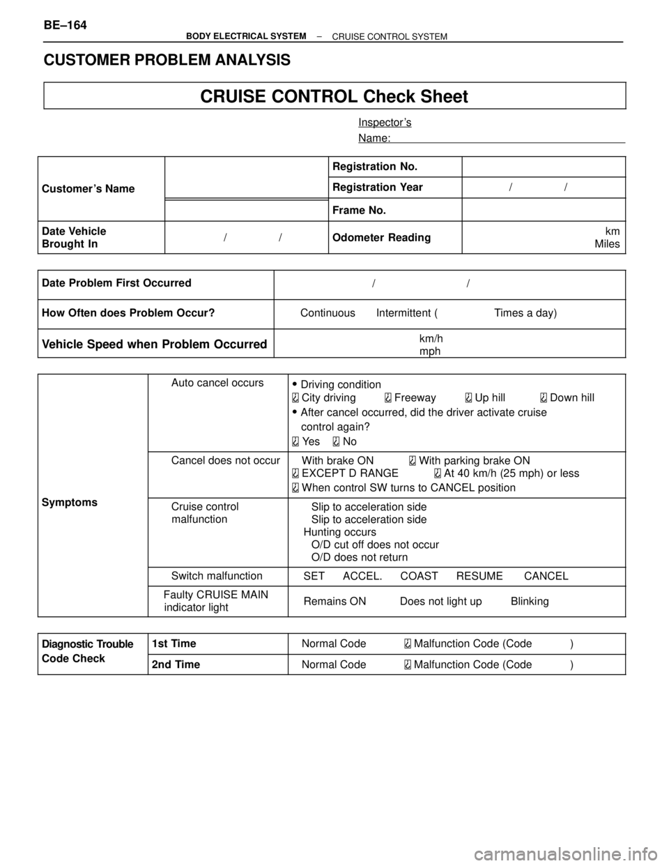 TOYOTA SUPRA 1995 Service Repair Manual CUSTOMER PROBLEM ANALYSIS
CRUISE CONTROL Check Sheet
Inspector s
Name:
TOYOTA SUPRA 1995 Service Repair Manual CUSTOMER PROBLEM ANALYSIS
CRUISE CONTROL Check Sheet
Inspector s
Name:
