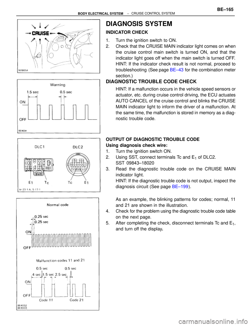 TOYOTA SUPRA 1995 Service Repair Manual DIAGNOSIS SYSTEM
INDICATOR CHECK
1. Turn the ignition switch to ON.
2. Check that the CRUISE MAIN indicator light comes on when
the cruise control main switch is turned ON, and that the
indicator li TOYOTA SUPRA 1995 Service Repair Manual DIAGNOSIS SYSTEM
INDICATOR CHECK
1. Turn the ignition switch to ON.
2. Check that the CRUISE MAIN indicator light comes on when
the cruise control main switch is turned ON, and that the
indicator li