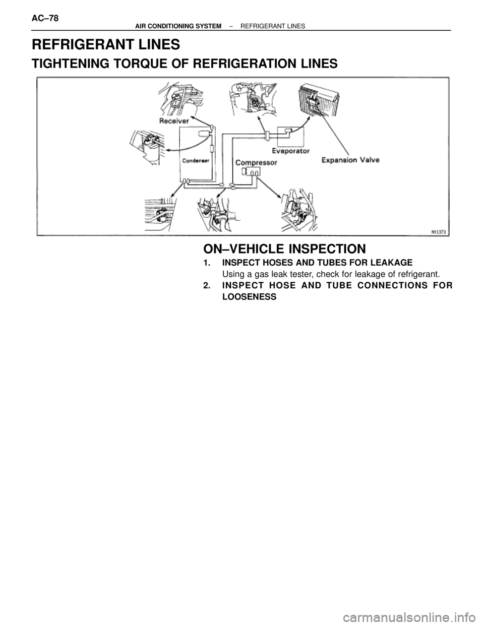 TOYOTA SUPRA 1995  Service Repair Manual REFRIGERANT LINES
TIGHTENING TORQUE OF REFRIGERATION LINES
ON±VEHICLE INSPECTION
1.  INSPECT HOSES AND TUBES FOR LEAKAGE
Using a gas leak tester, check for leakage of refrigerant.
2.  INSPECT HOSE AN