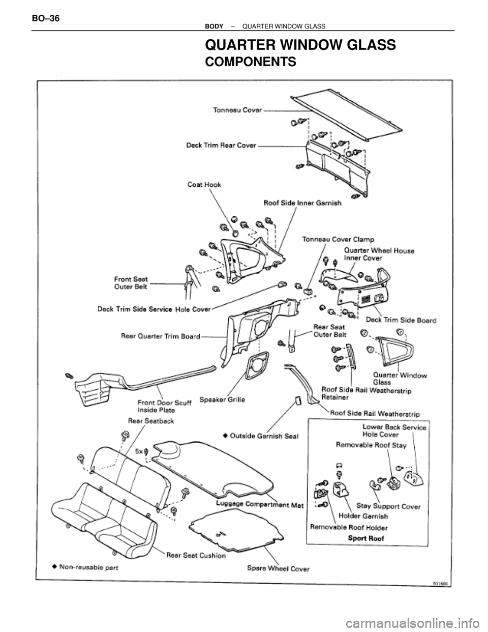 TOYOTA SUPRA 1995  Service Repair Manual QUARTER WINDOW GLASS
COMPONENTS
BO±36± BODYQUARTER WINDOW GLASS 
