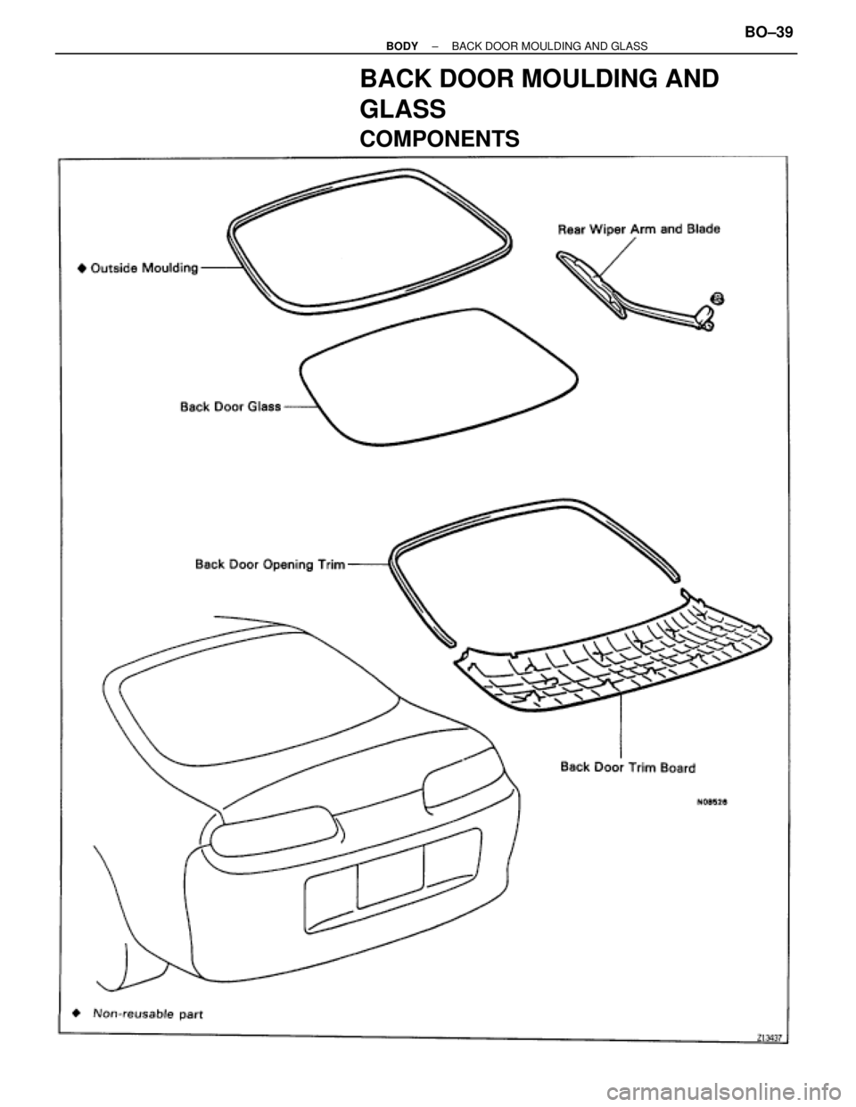 TOYOTA SUPRA 1995  Service Repair Manual BACK DOOR MOULDING AND
GLASS
COMPONENTS
± BODYBACK DOOR MOULDING AND GLASSBO±39 