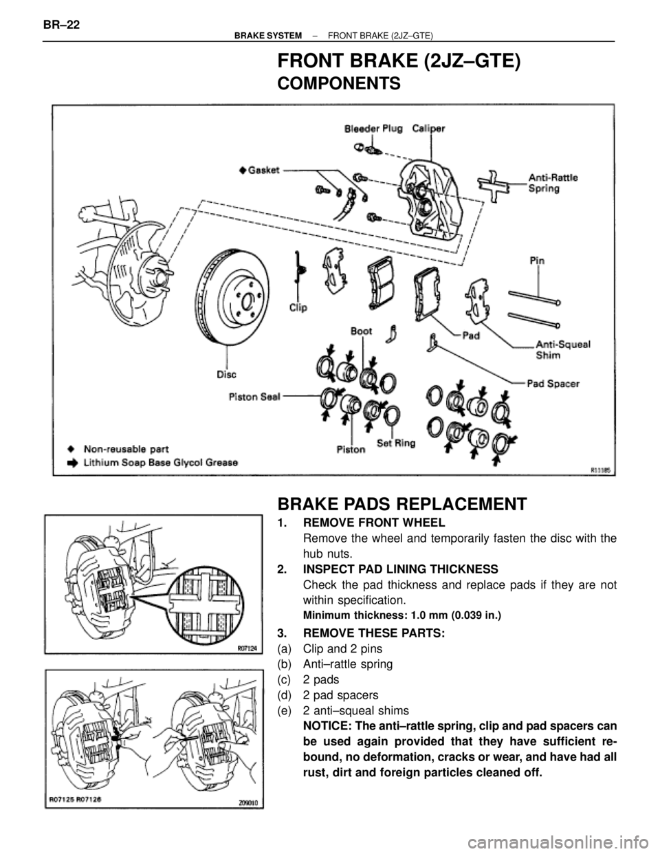 TOYOTA SUPRA 1995  Service Repair Manual FRONT BRAKE (2JZ±GTE)
COMPONENTS
BRAKE PADS REPLACEMENT
1.  REMOVE FRONT WHEEL
Remove the wheel and temporarily fasten the disc with the
hub nuts.
2.  INSPECT PAD LINING THICKNESS
Check the pad thick