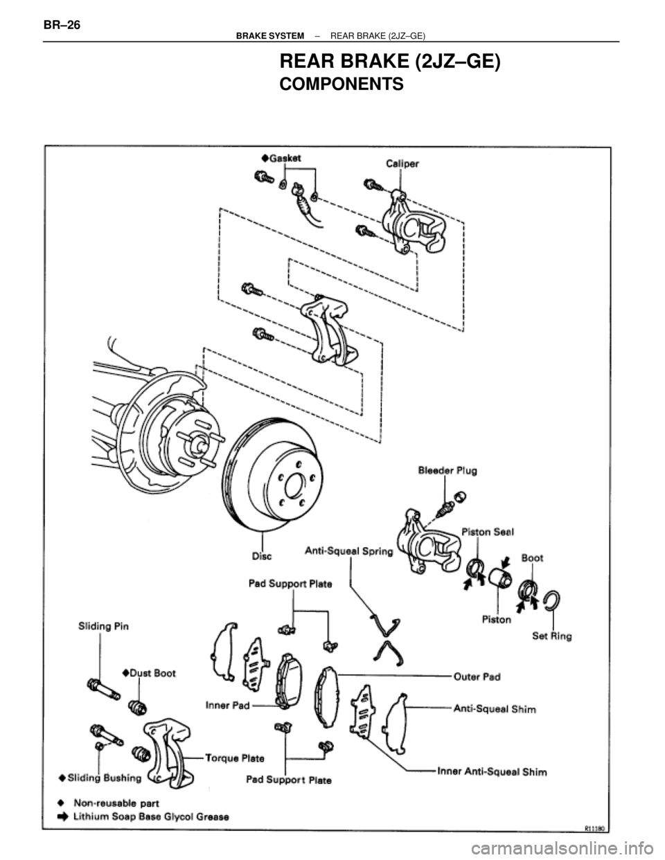 TOYOTA SUPRA 1995  Service Repair Manual REAR BRAKE (2JZ±GE)
COMPONENTS
BR±26± BRAKE SYSTEMREAR BRAKE (2JZ±GE) 