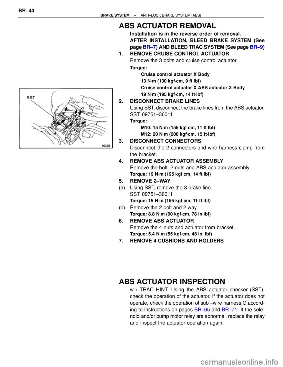 TOYOTA SUPRA 1995  Service Repair Manual ABS ACTUATOR REMOVAL
Installation is in the reverse order of removal.
AFTER INSTALLATION, BLEED BRAKE SYSTEM (See
page BR±7) AND BLEED TRAC SYSTEM (See page BR±9)
1.  REMOVE CRUISE CONTROL ACTUATOR
