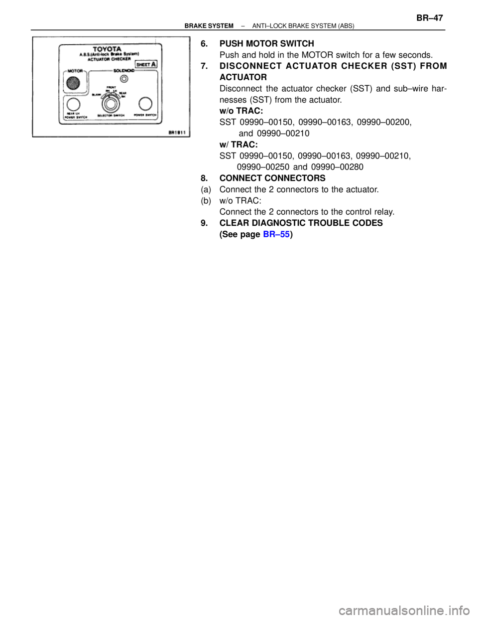 TOYOTA SUPRA 1995  Service Repair Manual 6. PUSH MOTOR SWITCH
Push and hold in the MOTOR switch for a few seconds.
7.  DISCONNECT ACTUATOR CHECKER (SST) FROM
ACTUATOR
Disconnect  the actuator checker (SST) and sub±wire har-
nesses (SST) fro